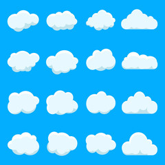 Cartoon cloud of sky on blue background. Flat collection of blue cloud. vector