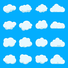 Cartoon cloud of sky on blue background. Flat collection of blue cloud. vector