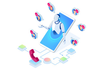 Isometric Communication support phone operator, Call center and Customer service help desk. Service desk consultant talking on a hands-free phone.