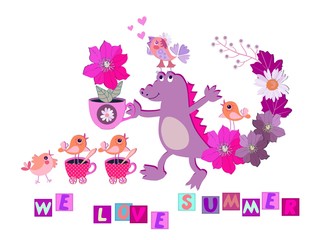 Cute card with cheerful croc, flowers, little funny birds, pink hearts and text 'We love summer" on white background.