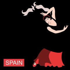 Flamenco night poster. Yong spanish girl dancing againct black baclground. Minimalist design.