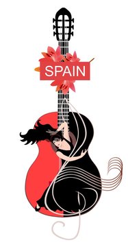 Guitar soul. Beautiful spanish girl dancing flamenco on treble clef against huge red-bleck acoustic guitar. Banner, poster, invitation card.
