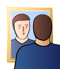 Doubtful man looking in the mirror - identity crisis, uncertainty, self-doubts, scepticism, bewilderment, confusion, unconsciousness or daze - with question and exclamation marks in his face.