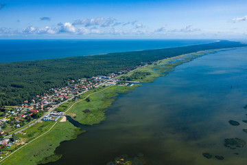 Aerial view of Vistula Split. Mierzeja Wislana Landscape Park. Photo made from above by drone.