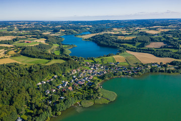 Aerial view of Kashubian Landscape Park. Kaszuby. Poland. Photo made by drone from above. Bird eye view.