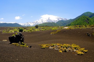 View over wide field of volcanic lava ash on peak of black Volcano Llaima with spots and stripes of...