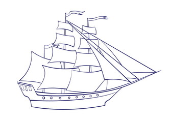 Vector outline sailing ship. Graphic cartoon illustration, frigate image isolated on white background for coloring book