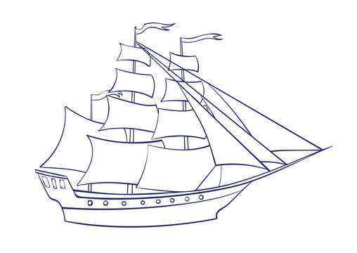 Vector outline sailing ship. Graphic cartoon illustration, frigate image isolated on white background for coloring book
