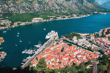 Boka Kotor bay and medieval town Kotor on Adriatic sea coast at Montenegro. View from above