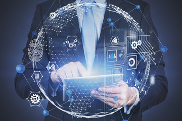 Man with tablet, global business interface