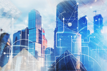 Digital interface over cityscape background