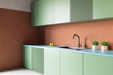 Orange kitchen with green countertops