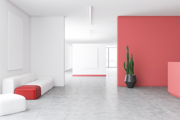 White and red office waiting room with posters