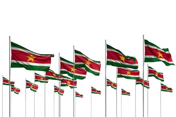 Obraz premium beautiful many Suriname flags in a row isolated on white with free place for text - any holiday flag 3d illustration..