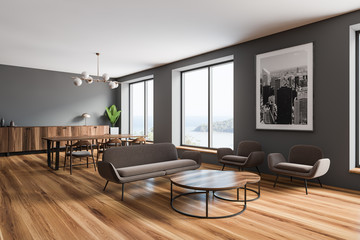 Grey living room and dining room corner
