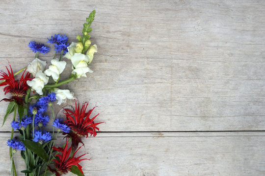 Horizontal image of red, white, and blue flowers against a weathered wood background, with copy space