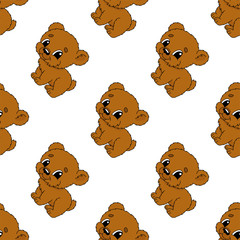 Happy bear. Colored seamless pattern with cute cartoon character. Simple flat vector illustration isolated on white background. Design wallpaper, fabric, wrapping paper, covers, websites.