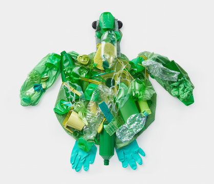 Sustainable plastic objects in shape of turtle.