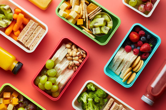 Delicious homemade food in school lunchboxes.