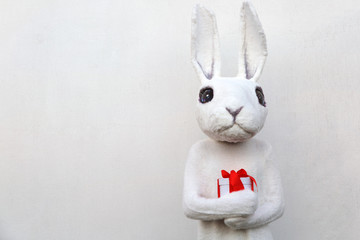 Cute rabbit hugging present