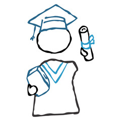 Student in the mantle. Student in a square academic hat. A student with a diploma and a book. Graduation. Diploma rolled into a roll. Human avatar vector illustration. Simple hand drawing icon.