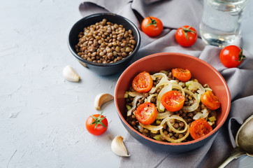 Green Lentil roasted onion and tomato salad