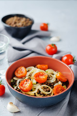 Green Lentil roasted onion and tomato salad