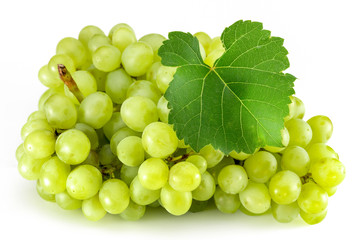 Green grape with leaves isolated on white. With clipping path. Full depth of field.