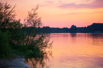 Plakat Beautiful summer landscape with sunset on the river.