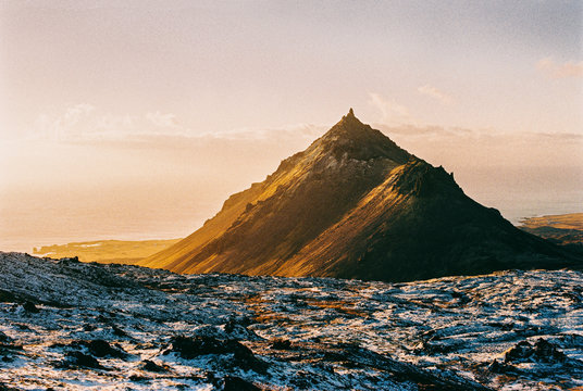 Iceland - Volcanic Peak Glowing in Warm Morning Light Shot on Fi