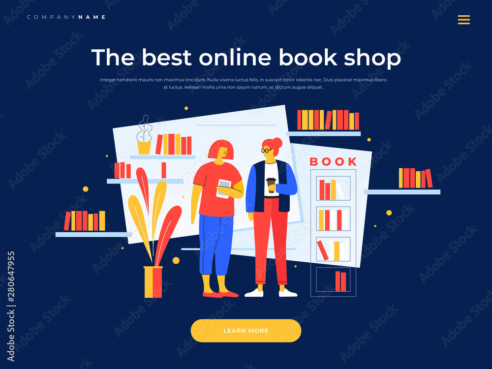 Wall mural landing page template. concept of an internet library. young cartoon girls talking in library on bac