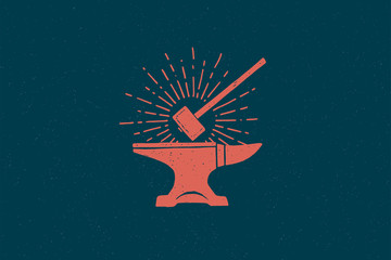 Hand drawn red hammer and anvil in the rays of light. Black metal work. Blacksmithing vintage label. Monochrome style. Vector illustration.