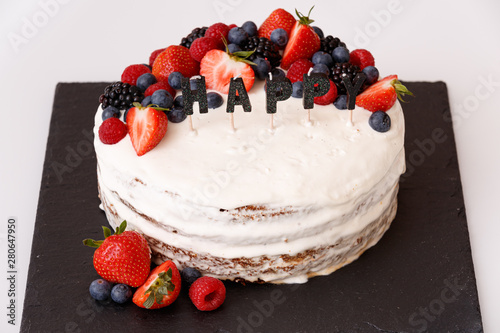 Closeup Of A Festive Cake Decorated With Berries Of Strawberry