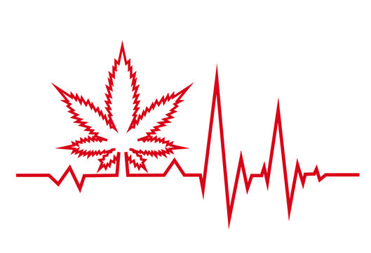 Red heartbeat with medical marjuana. White background.