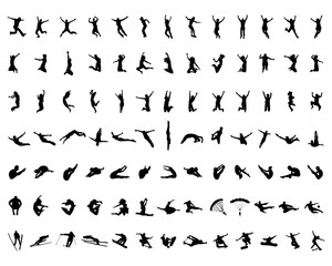 Black silhouette of people jumping on a white background