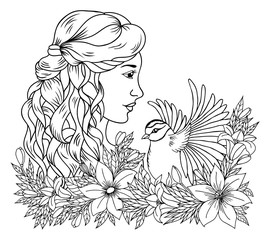 Vector illustration zentangl. Girl among the flowers and the birds. Coloring book. Antistress for adults and children. Work done in manual mode. Black and white.