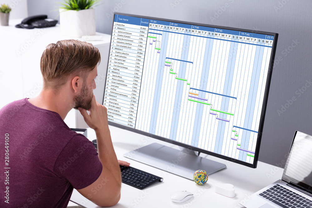 Poster young businessman looking at gantt chart on computer in office