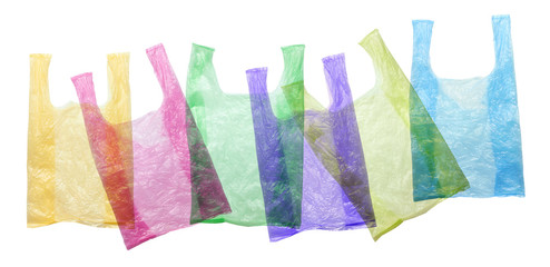 Colored plastic bags isolated against a white background. Environmental pollution by disposable bags, recycling