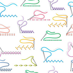 Sewing needles on white background with embroidery stitches