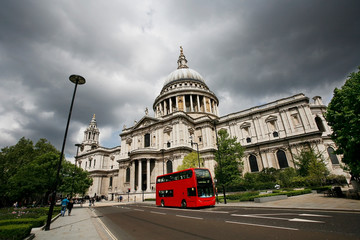 Fototapeta na wymiar London St Paul's Cathedral and iconic Double Decker Bus.