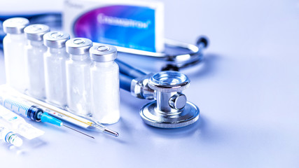 Drug prescription for treatment medication. Pharmaceutical medicament, cure in container for...
