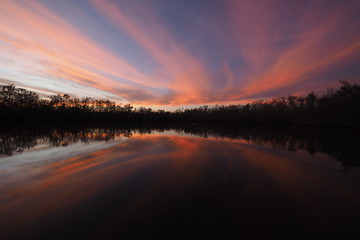 Colorful sunset on Coot Bay Pond in Everglades National Park, Florida on a calm winter evening.