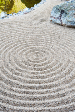 Raked sand in Japanese meditation garden
