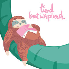cute cartoon sloth with book sleeeping on tree branch and hand drawn lettering quote-tired but inspired © dromp