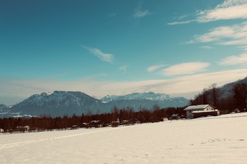 winter landscape with lake and sky