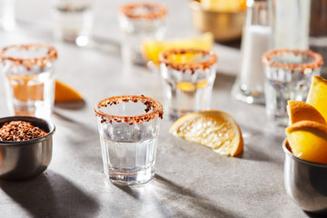 Close-up of Mexican tequila shots.