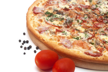 Fresh tomato, mushroom, cheese and sausage pizza on a round board isolated on white