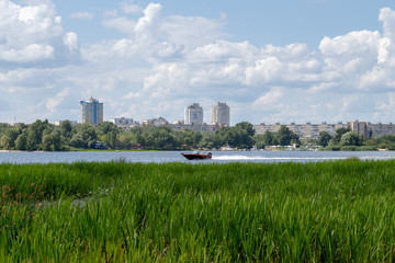 Fototapeta na wymiar Panoramic landscape view of Dnipro river and its Right bank of Obolon district, Kyiv 