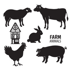 Isolated animals farm on the white background. Farm animals silhouettes.