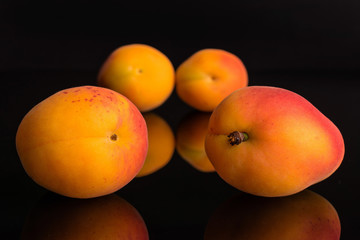 Group of four whole fresh orange apricot two are in the front and two are in the back isolated on black glass